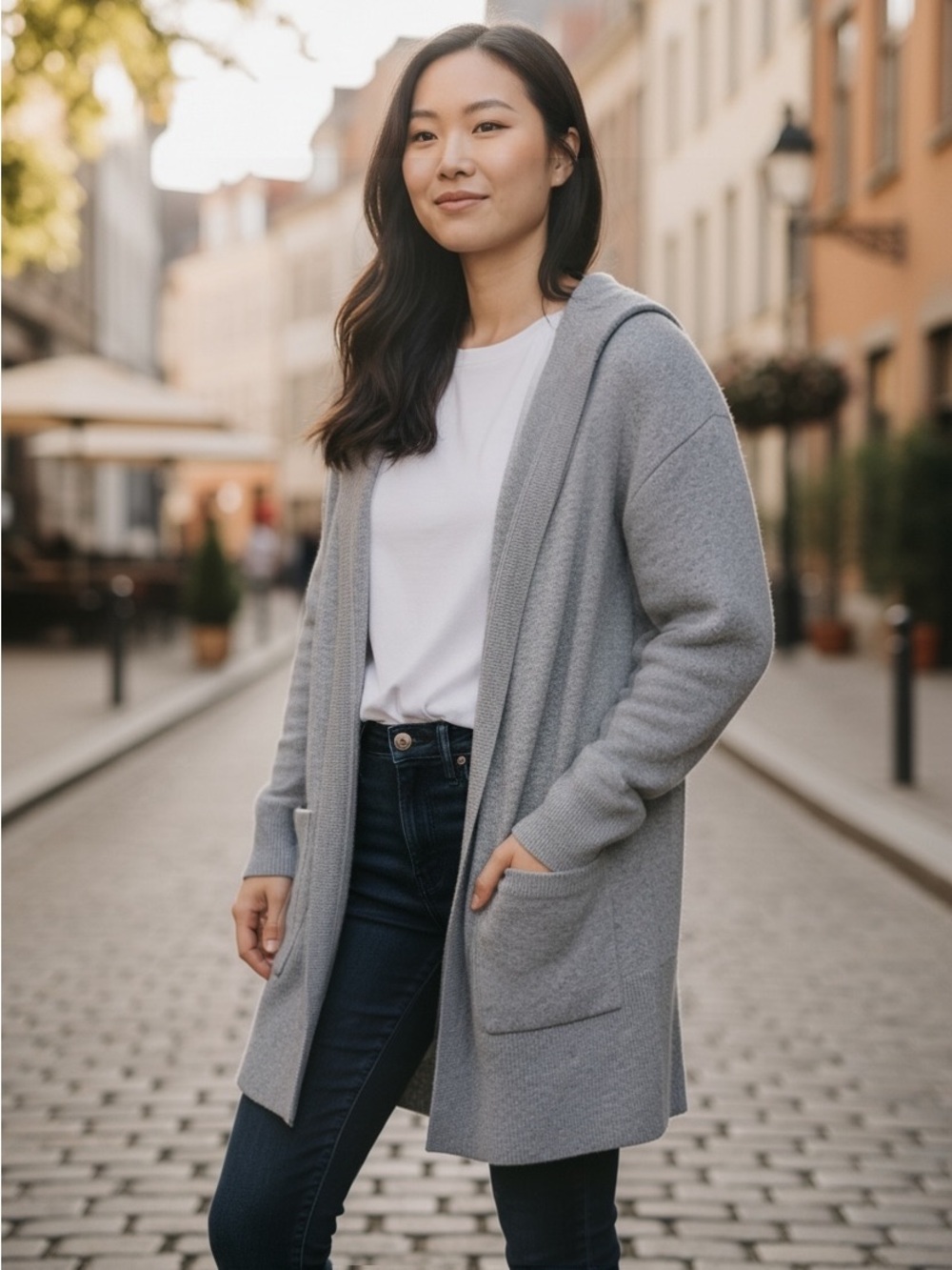 Lou & Grey Hooded Open Cardigan in Light Gray